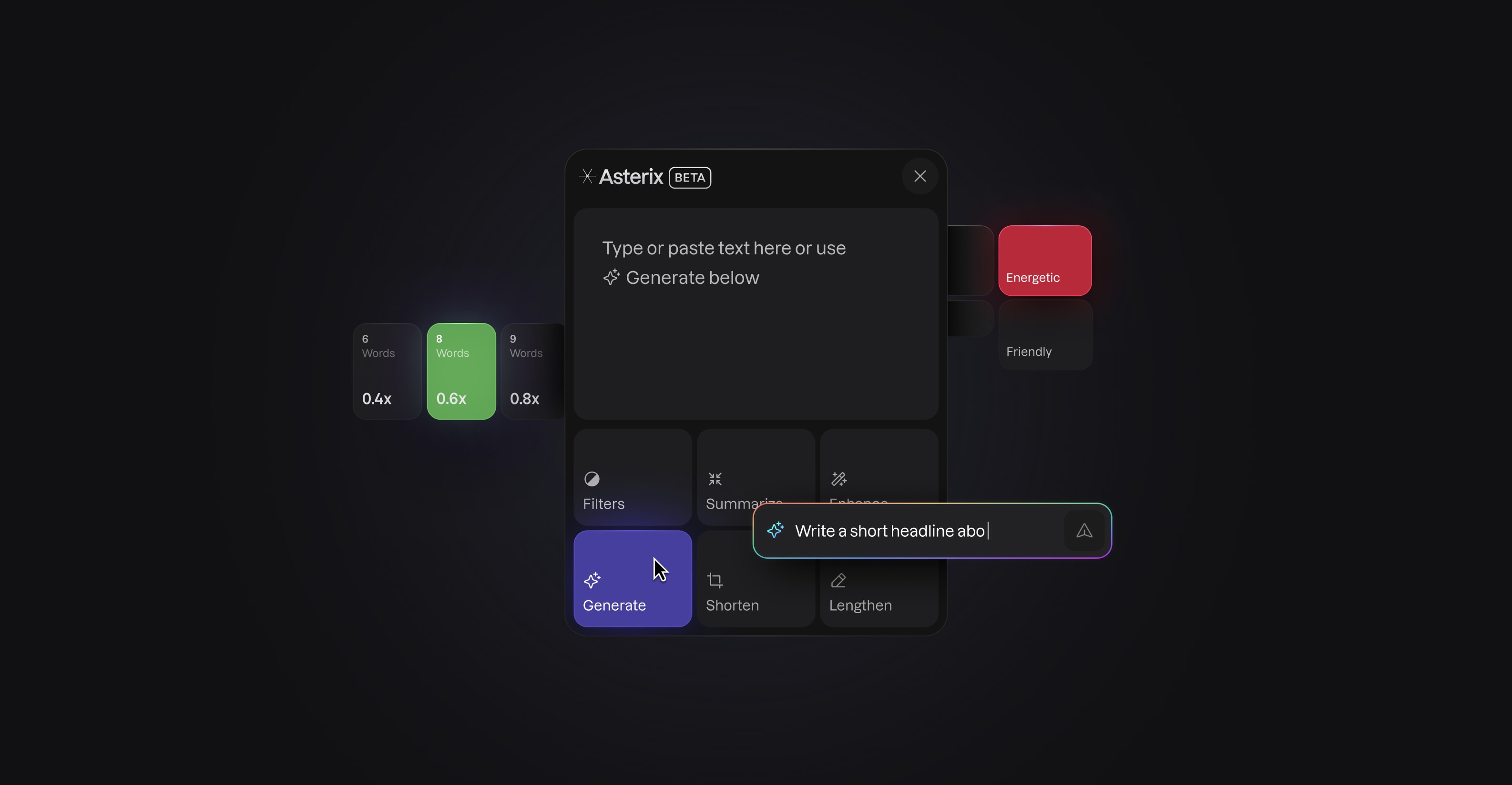 Asterix editing controls floating above a dark desktop