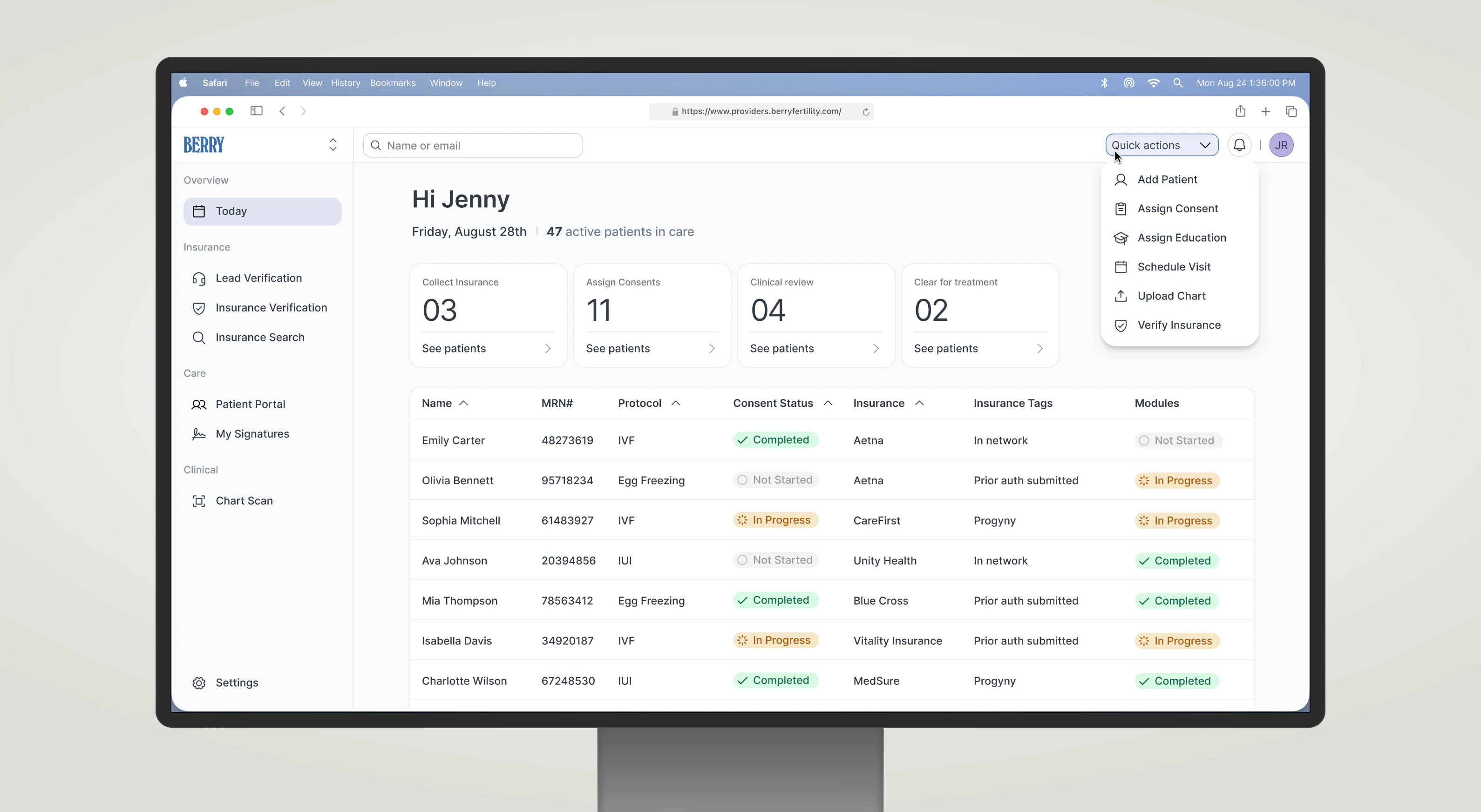 Berry's provider platform displayed on a desktop monitor