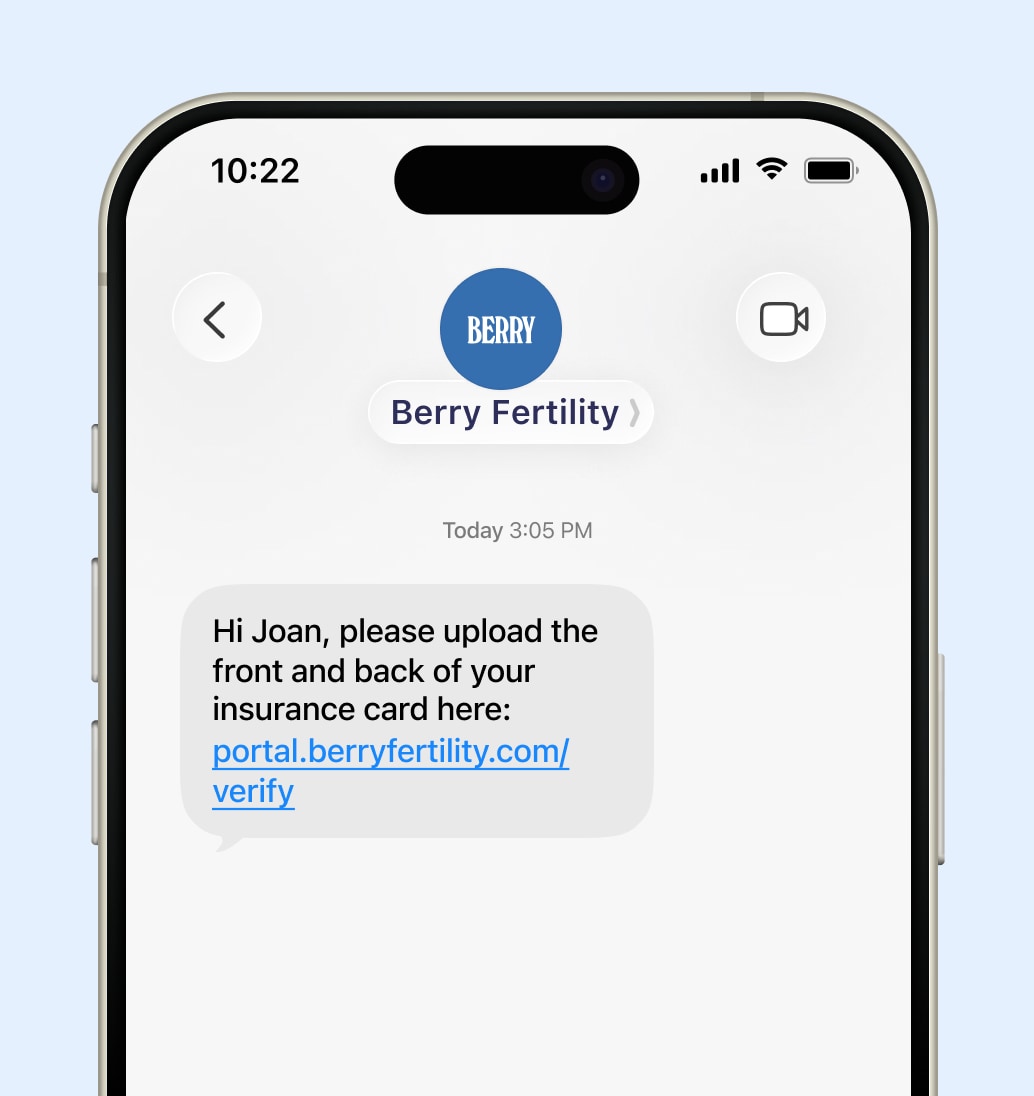 A Berry patient portal message requesting insurance card photos