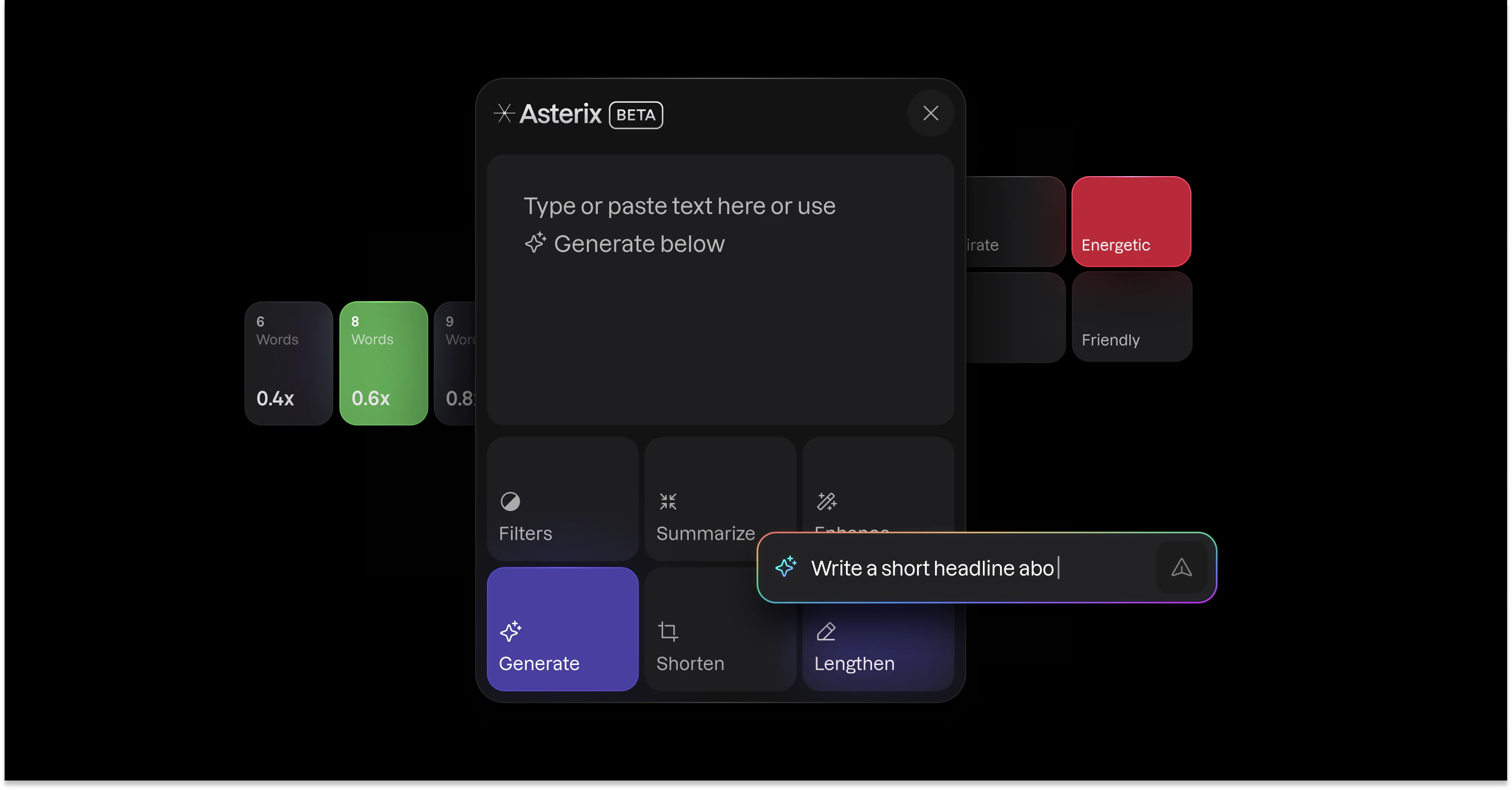 Asterix editing controls floating above a black background