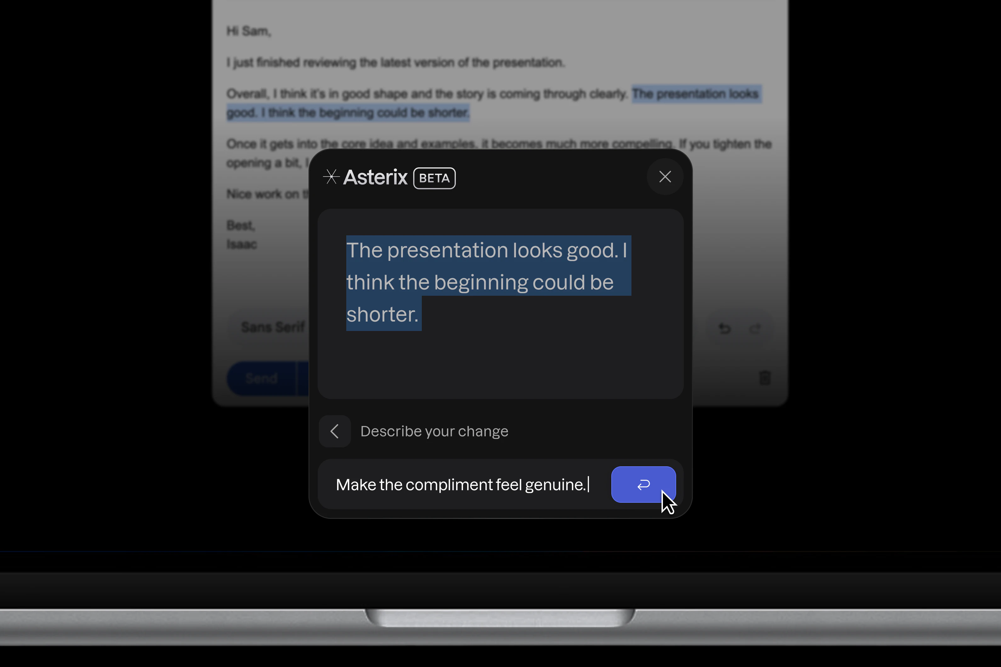Asterix applying a plain-language editing instruction