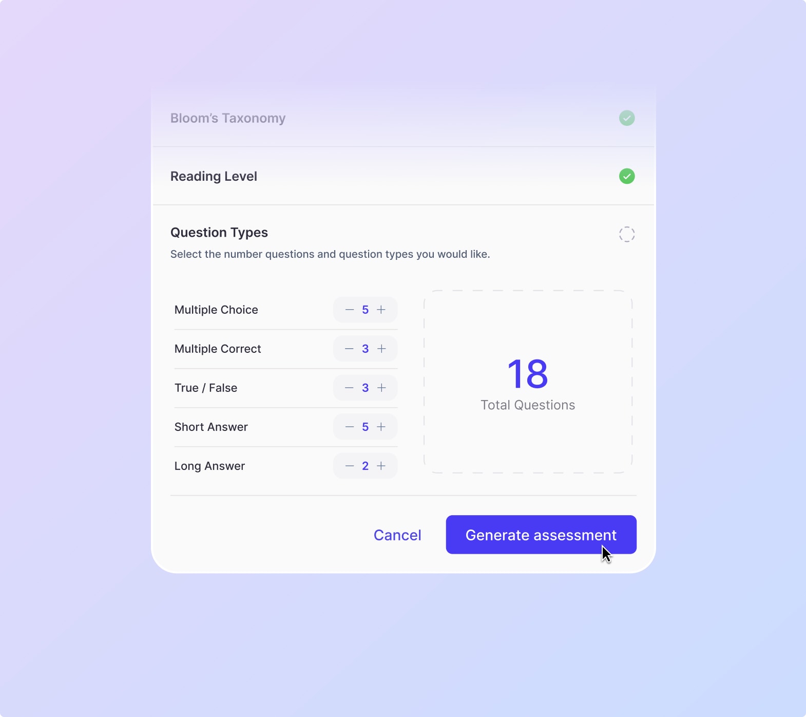 Relay controls for choosing assessment question types and quantities