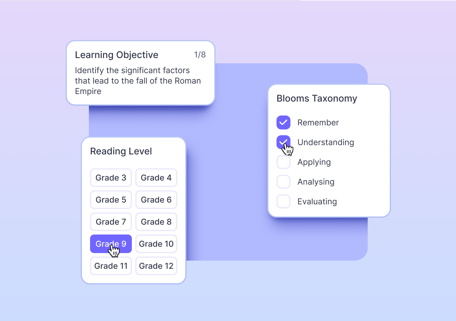 Relay controls for a learning objective, reading level, and Bloom's taxonomy