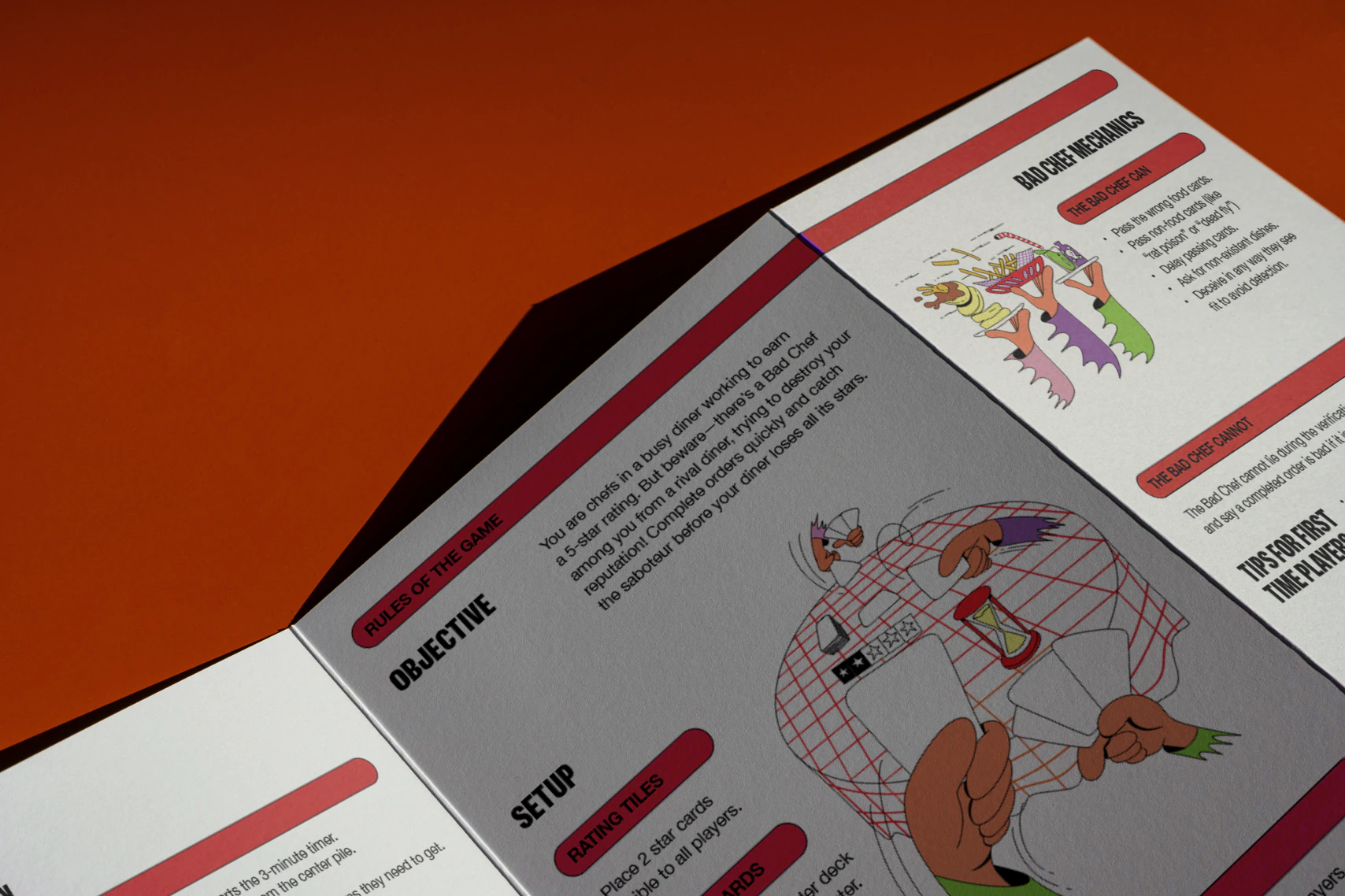 Bad Chef rulebook open to the game mechanics