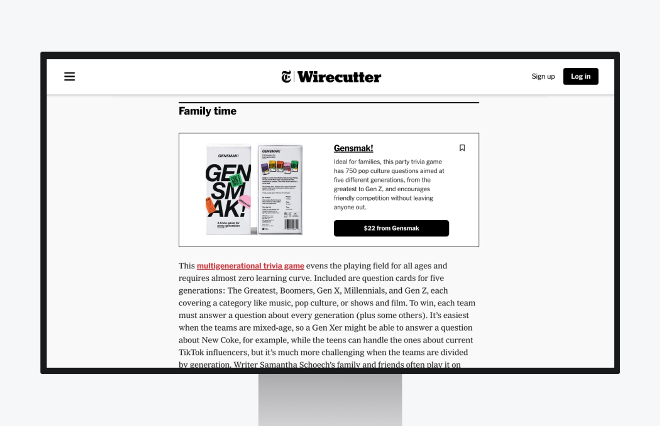 Wirecutter's GENSMAK! recommendation displayed on a desktop monitor